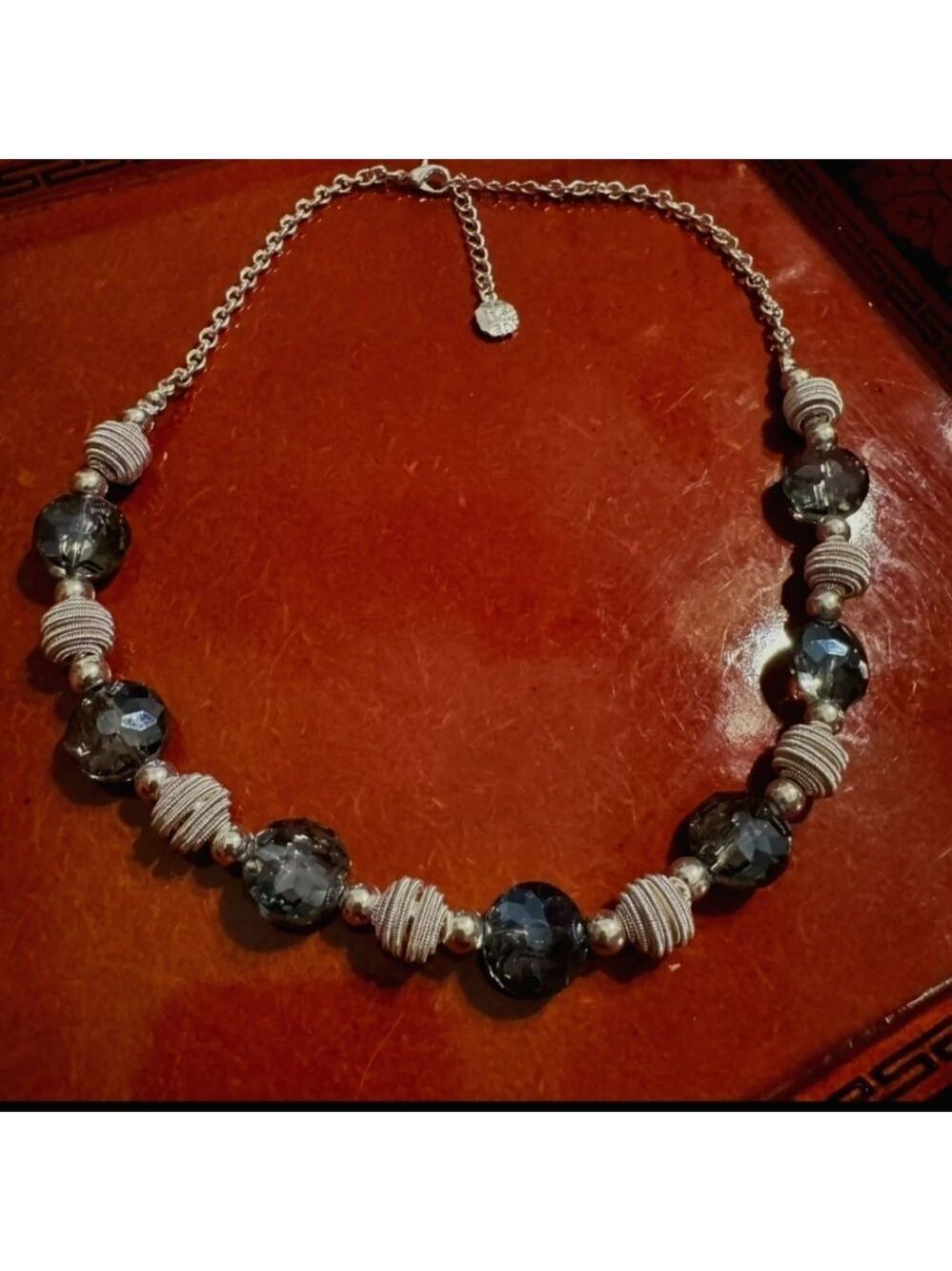 Monet Textured  Silver Tone/ Blue Glass Bead necklace  18"